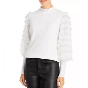 Sioni White Ruffle & Fringe Mock Neck Sweater